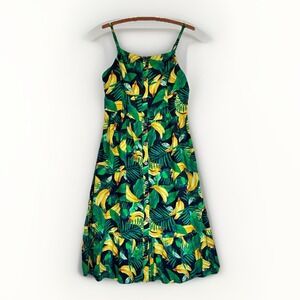 Old Navy Tropical Banana Fruit Print Midi Dress Sun Dress Button Linen Blend L